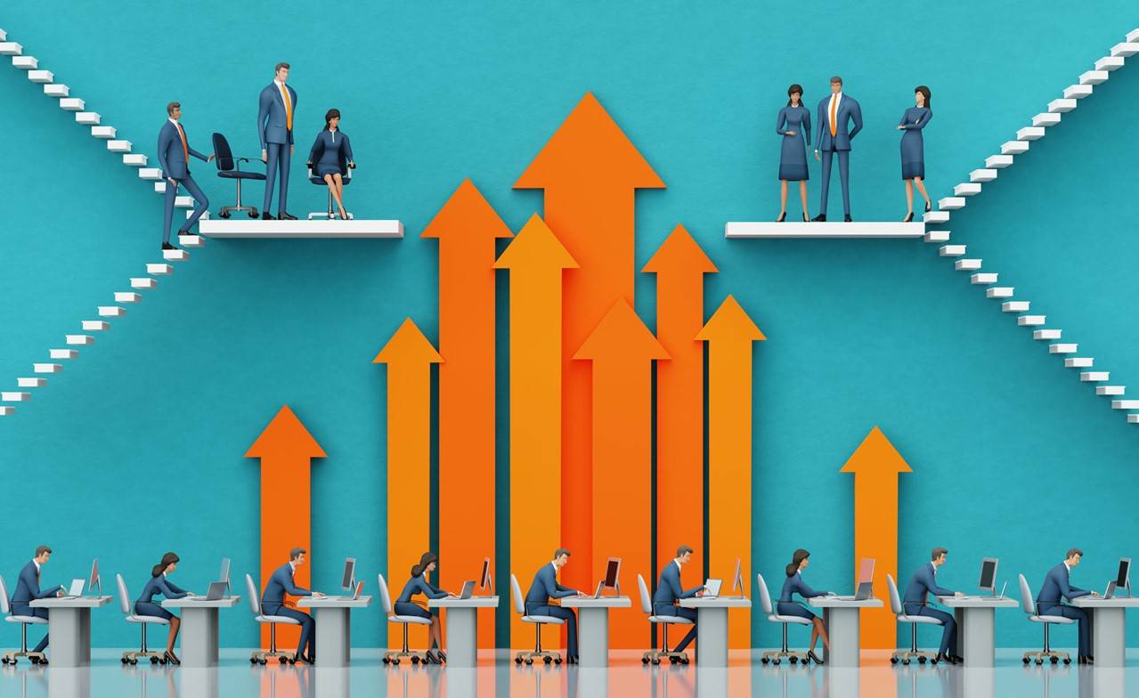 Business people on a ladder with upward arrows, representing growth in Houston, TX