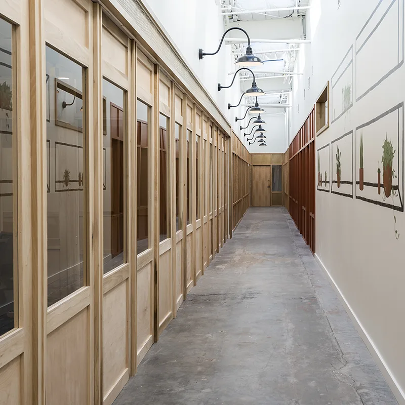 Wood accented coworking space in East Downtown Houston, Texas