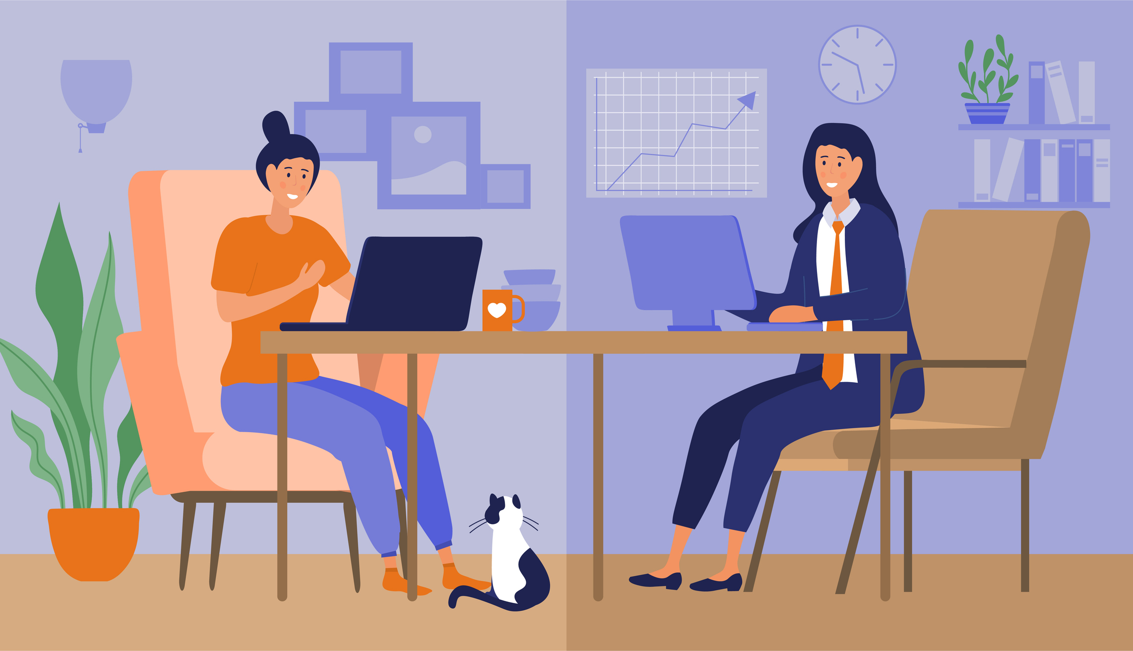 Illustration showing a remote worker and an office worker collaborating online with laptops in a hybrid work environment.