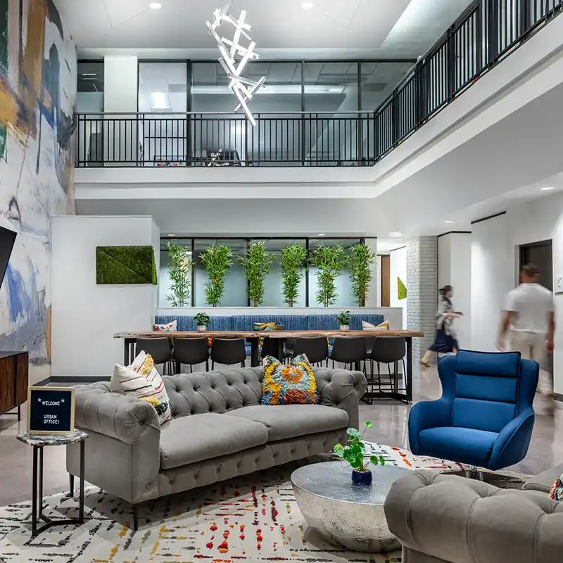 A commercial office with a lobby area for rent at 53 West in Houston, TX